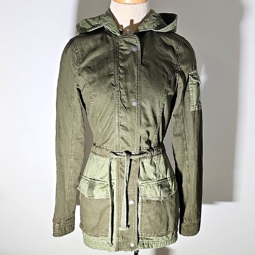 Hollister Green Utility Jacket with Hood and Belted Waist